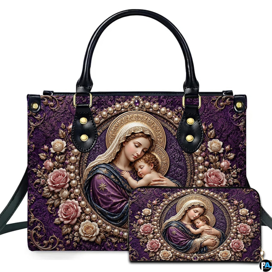 Madonna and Child portrait in pearl frame on purple damask handbag with matching wallet