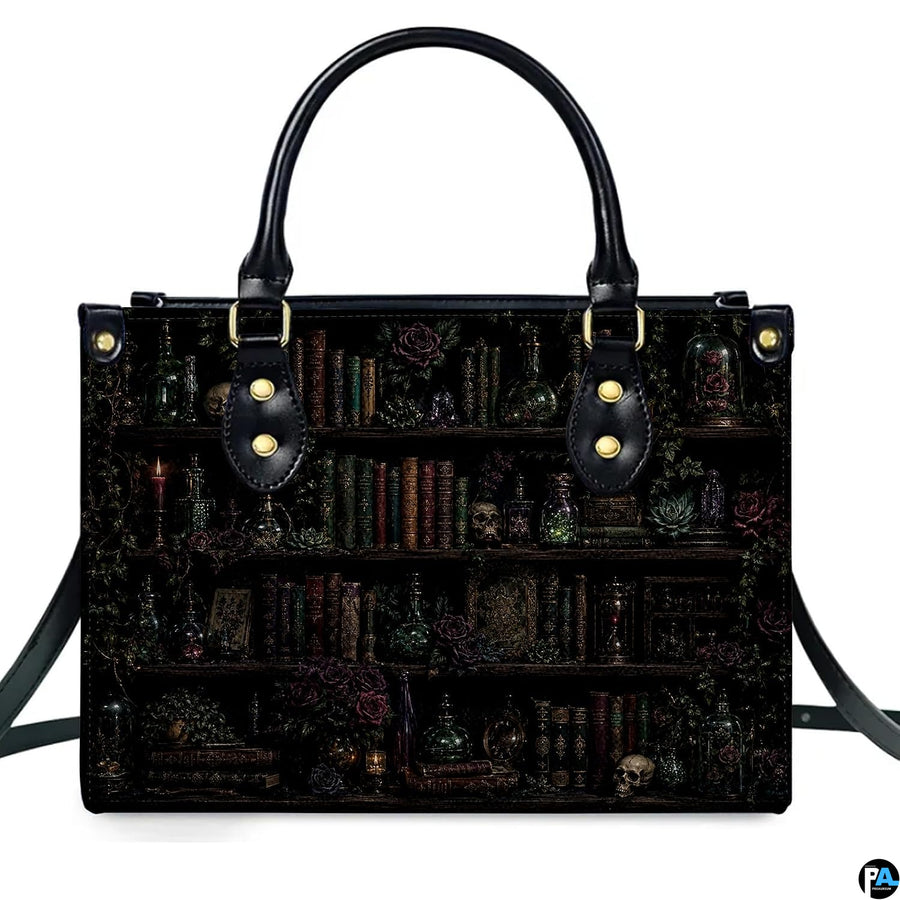 Matching zippered wallet showing coordinated gothic apothecary shelf and purple floral illustration.