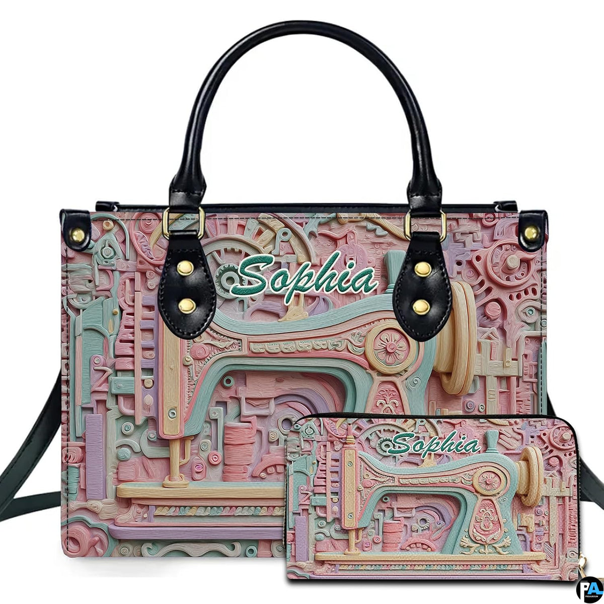 Pastel sewing machine sculpture art presented beside matching companion accessory on neutral surface.