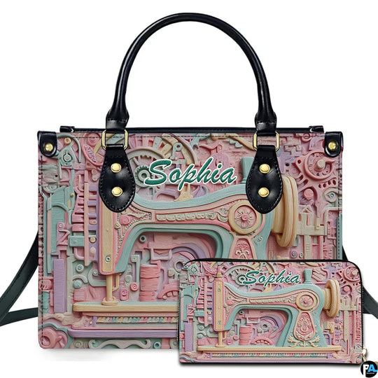 Pastel sewing machine sculpture art presented beside matching companion accessory on neutral surface.