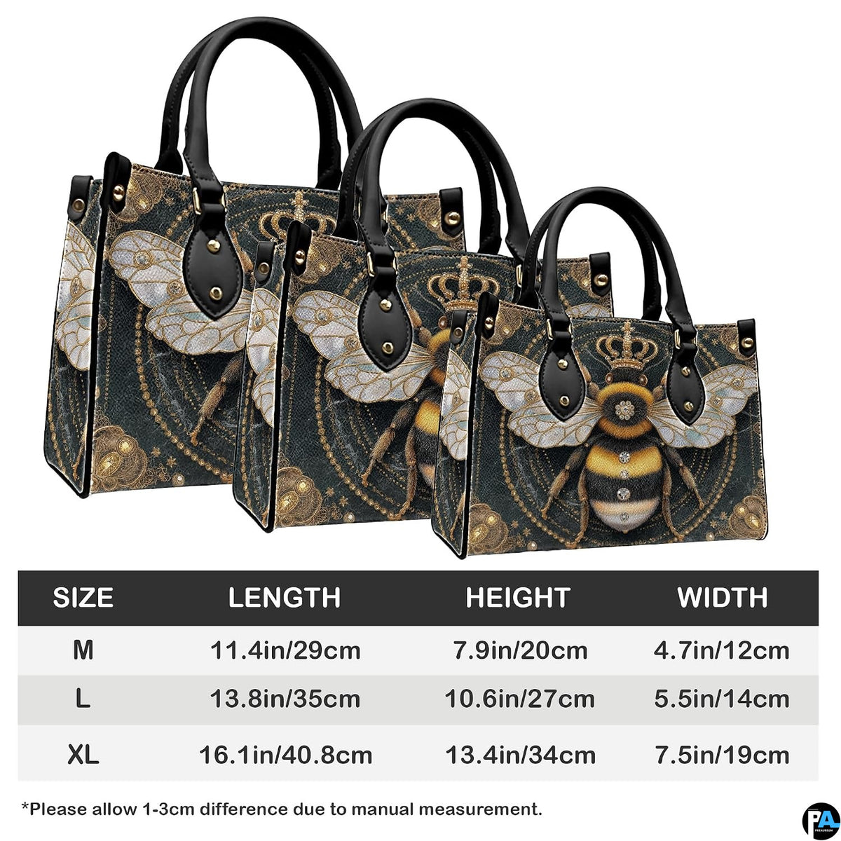 Top-down view displaying interior compartment and black carrying handles of the handbag.