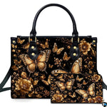 Studio presentation of gilded gold butterfly and peony artwork alongside matching companion accessory on white surface.