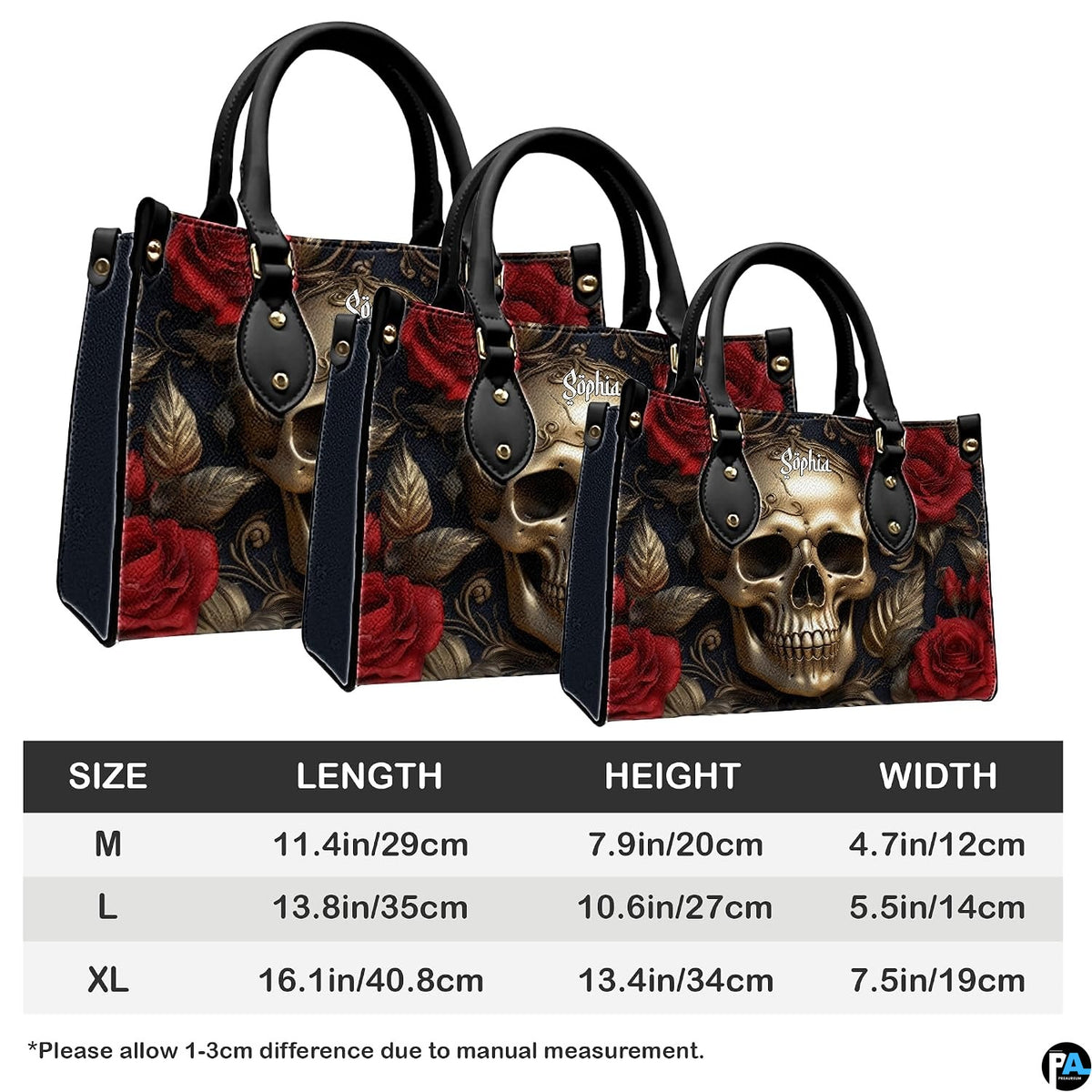 Gothic golden skull crimson rose handbag shown alone on white background.