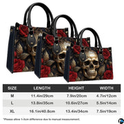 Gothic golden skull crimson rose handbag shown alone on white background.