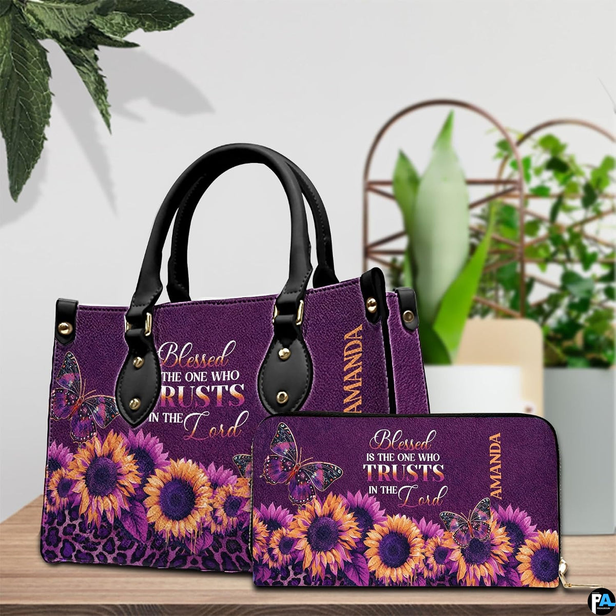 Street lifestyle view of purple sunflower leopard handbag held by hand on sidewalk