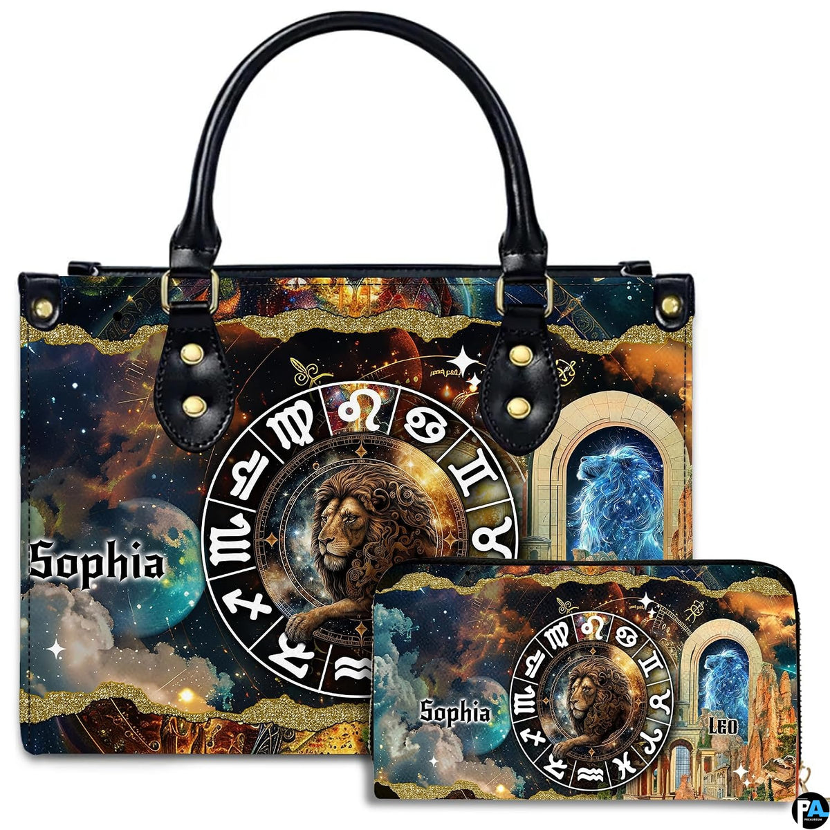 Studio showcase of Celestial Lion Satchel Handbag paired with matching companion continental wallet.
