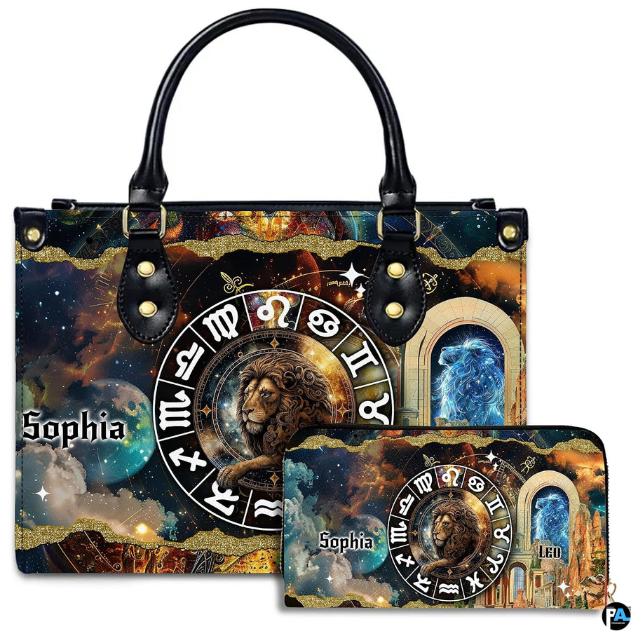 Studio showcase of Celestial Lion Satchel Handbag paired with matching companion continental wallet.