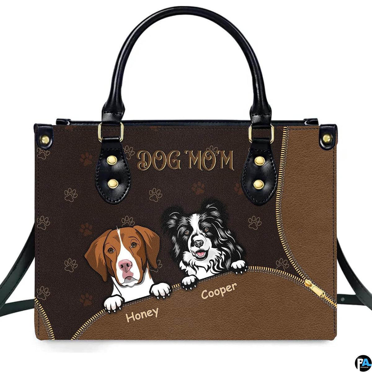 Front view of brown dog lover handbag featuring illustrated hound and border collie pups with gold paw prints.