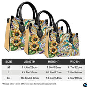 Complete set presentation of turquoise hummingbird and sunflower handbag and wallet on neutral backdrop.