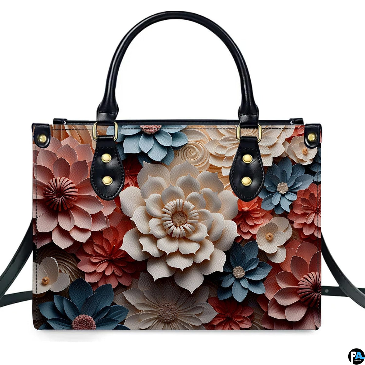 Demonstration of layered 3D paper cut floral blossom artwork on upright handbag.
