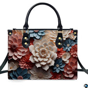 Demonstration of layered 3D paper cut floral blossom artwork on upright handbag.