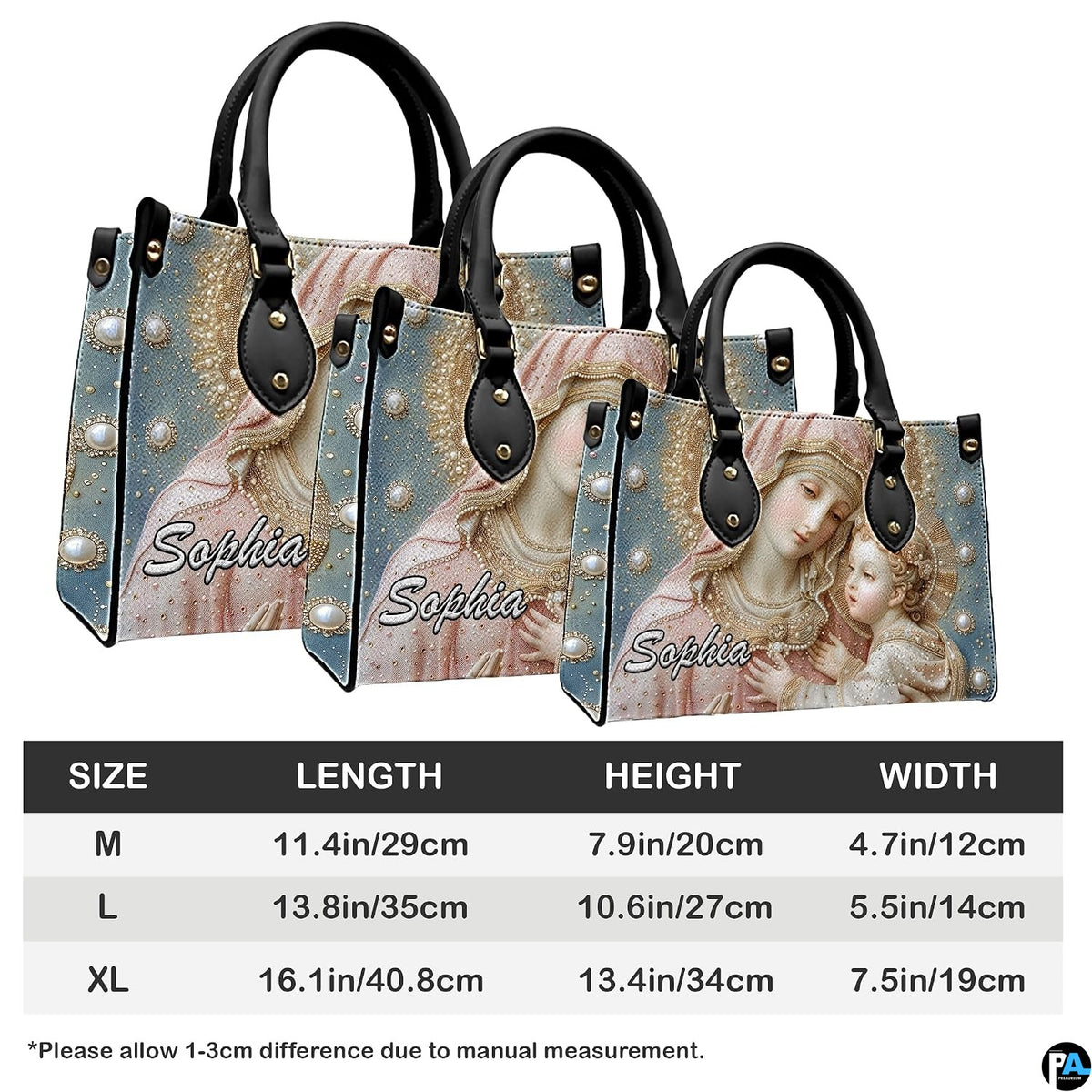 Handbag sizing diagram illustrating medium, large, and extra-large dimensions