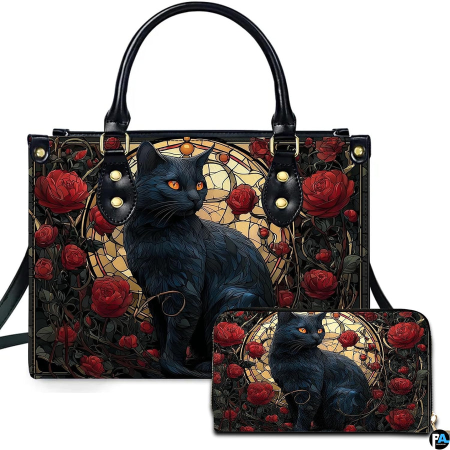 Black Cat Leather Bag – Vintage Cat Art Handbag, Stylish Animal-Themed Purse, Unique Gift for Cat Lovers