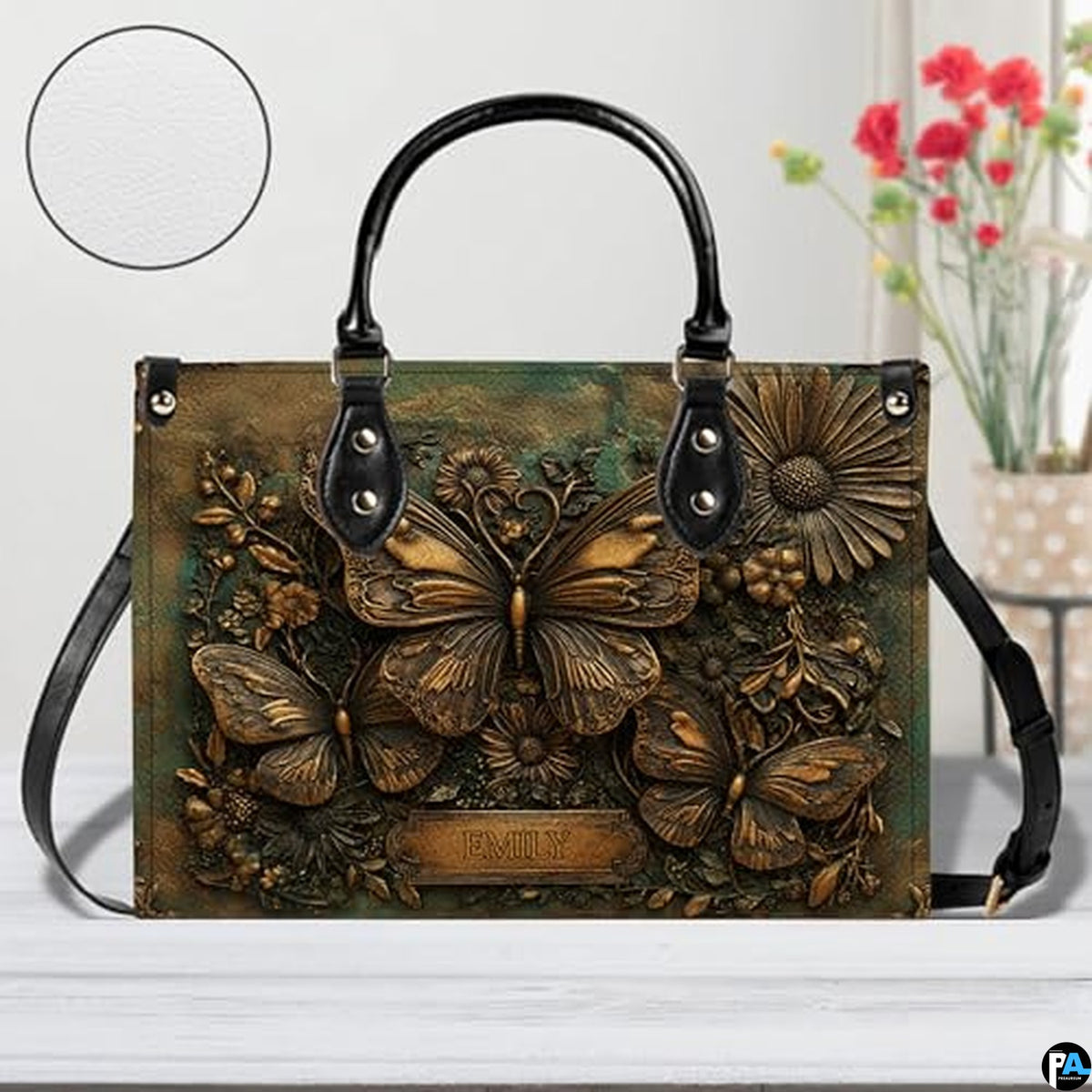 Personalized Animal Leather Handbag – Custom Name Flowers with 2D Print with 3D Effect – Gift for Gramma, Mom, Daughter