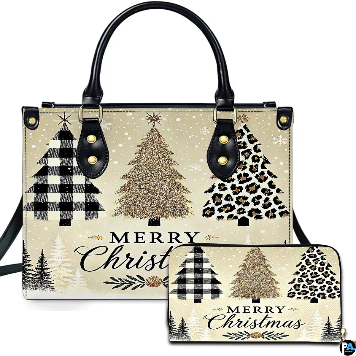 Front view of holiday tree buffalo plaid handbag and matching zip wallet on solid white background