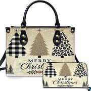 Front view of holiday tree buffalo plaid handbag and matching zip wallet on solid white background
