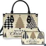 Front view of holiday tree buffalo plaid handbag and matching zip wallet on solid white background