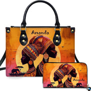 African elephant sunset painting showing two women profiles beside savanna wildlife and companion accessory artwork.