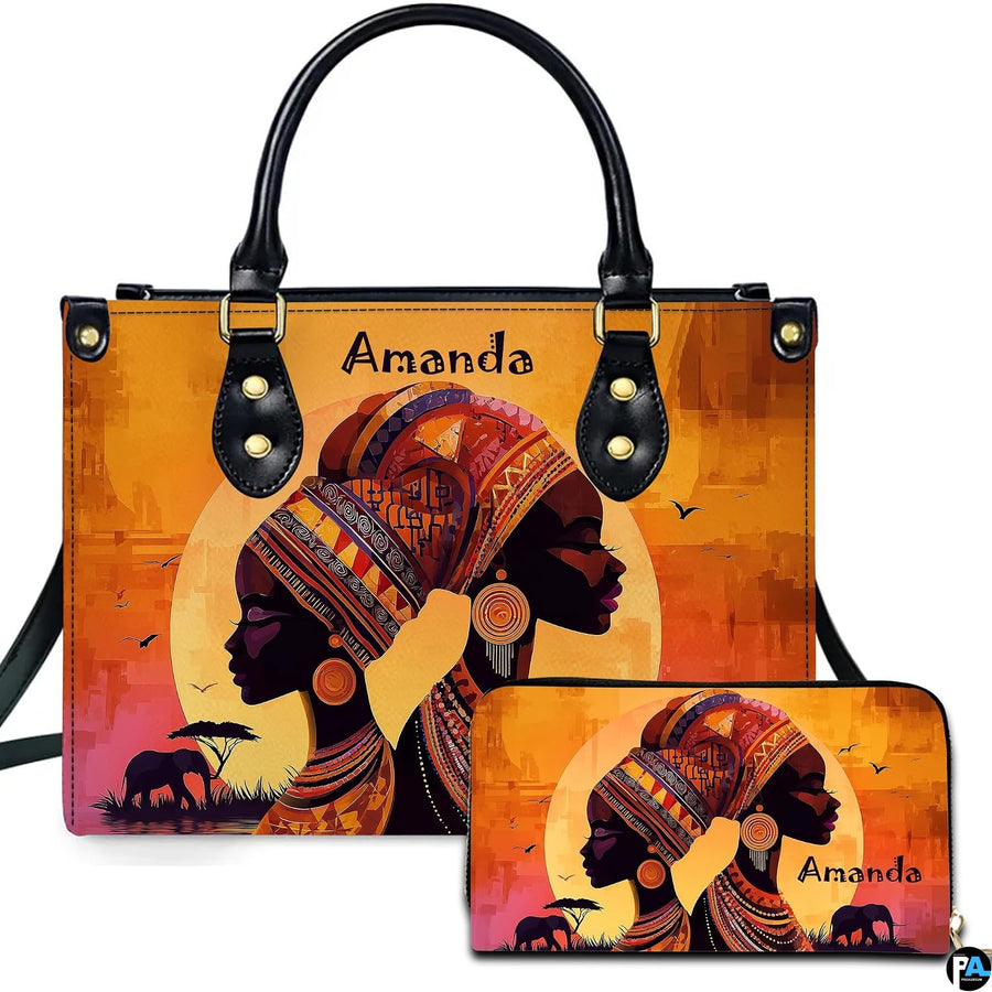 African elephant sunset painting showing two women profiles beside savanna wildlife and companion accessory artwork.