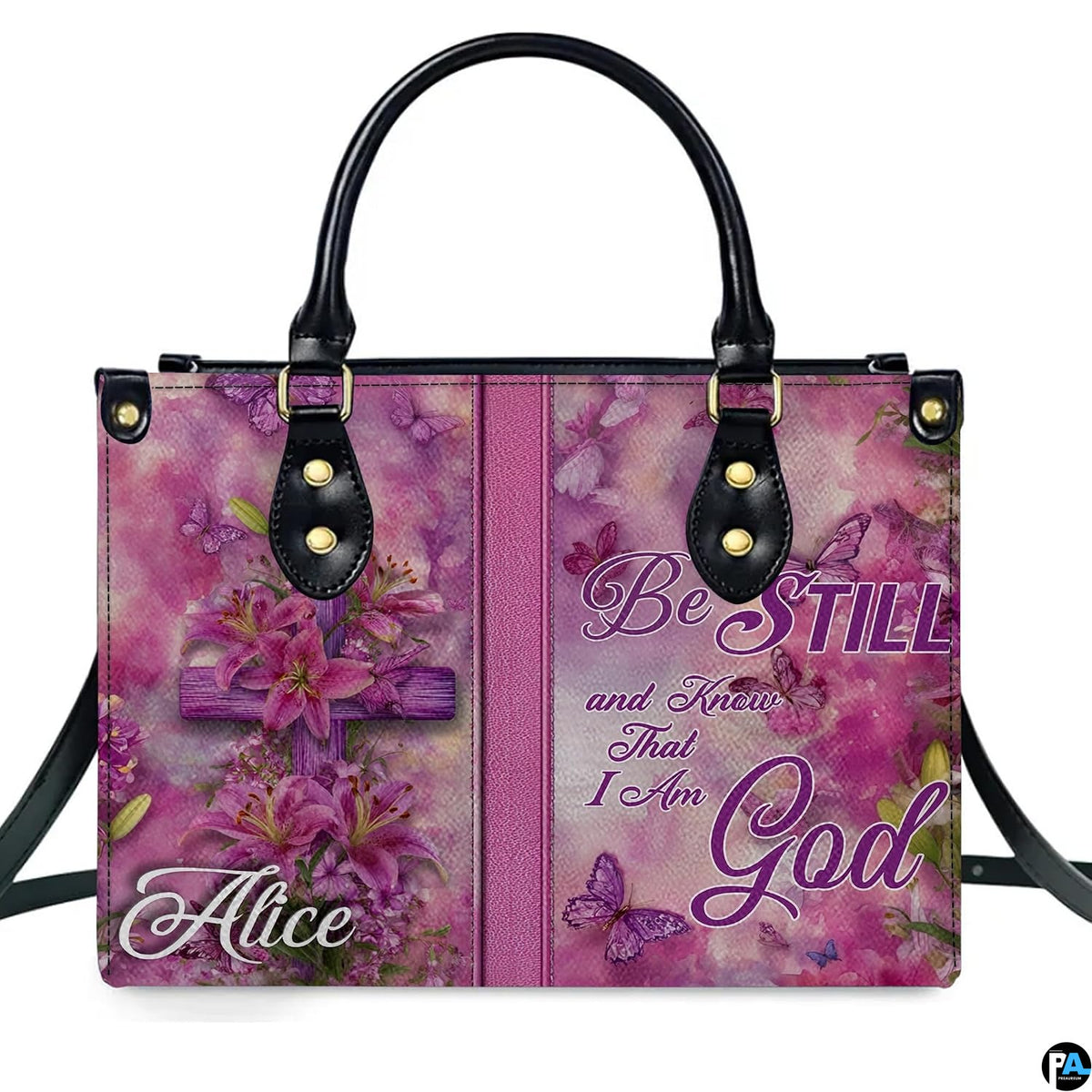 Side profile view of structured pink handbag showing sleek silhouette and black carrying handles.