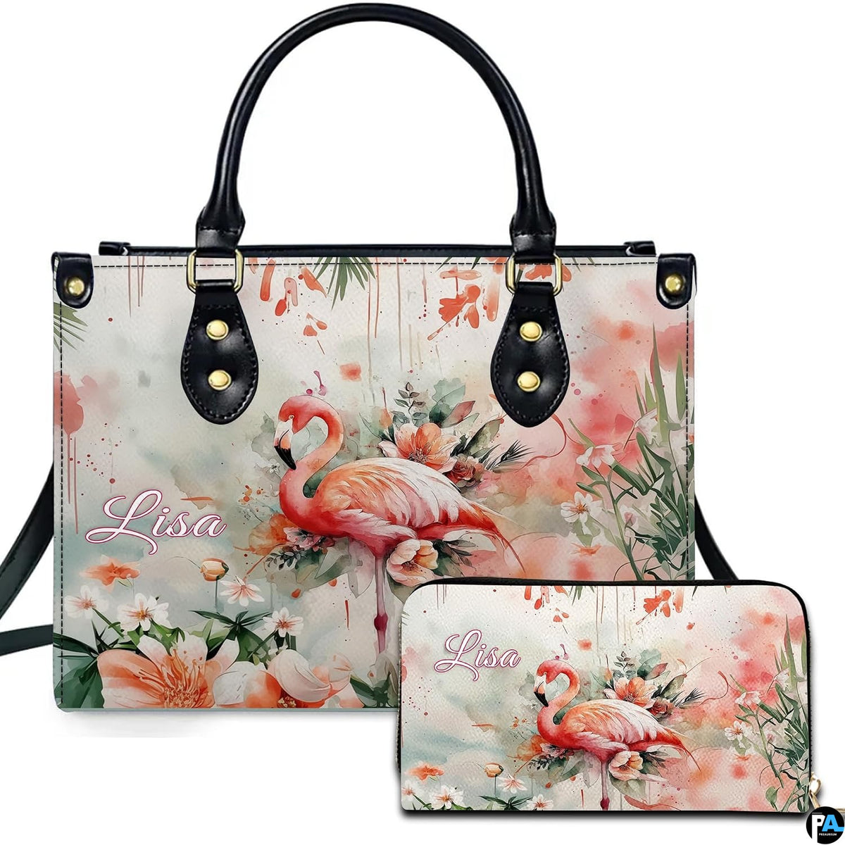 Watercolor pink flamingo handbag and matching wallet set with botanical coral flowers.