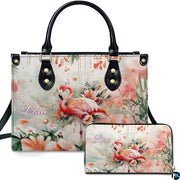 Watercolor pink flamingo handbag and matching wallet set with botanical coral flowers.
