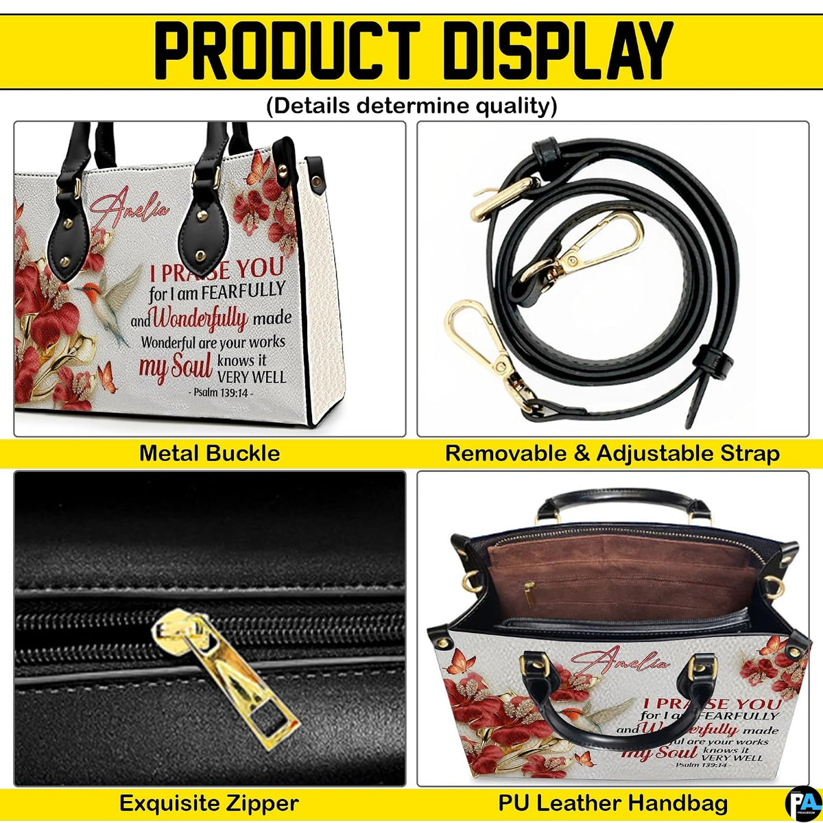 Detailed view presenting golden metallic clasps, secure attachments, and sliding fasteners.
