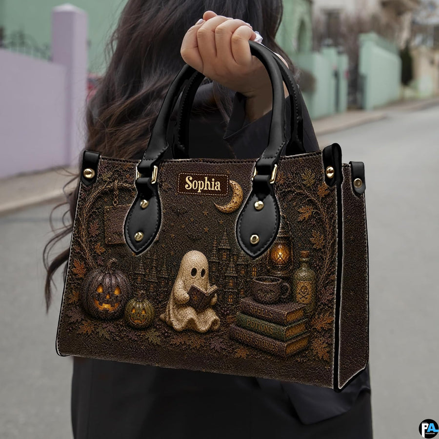Outdoor lifestyle perspective showing gothic autumn artwork held by pedestrian along street.