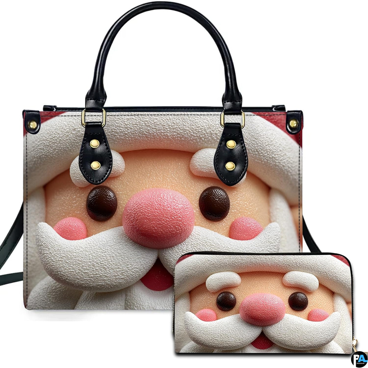Sculpted clay Santa Claus face holiday handbag and matching zippered wallet showing close-up facial features