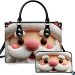Sculpted clay Santa Claus face holiday handbag and matching zippered wallet showing close-up facial features