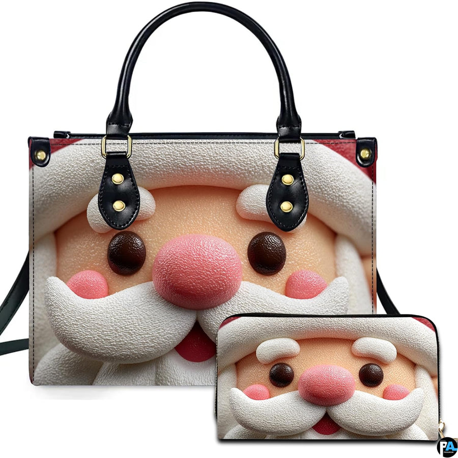 Sculpted clay Santa Claus face holiday handbag and matching zippered wallet showing close-up facial features