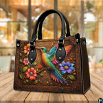 Handbag displayed in interior setting with floral arrangement and circular texture close-up inset.