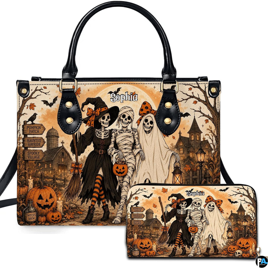 Skeleton halloween art presenting three costumed skeletal companions presented across an accessory pairing.