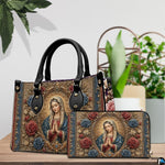 Model carrying baroque embossed Virgin Mary handbag with vibrant roses outdoors