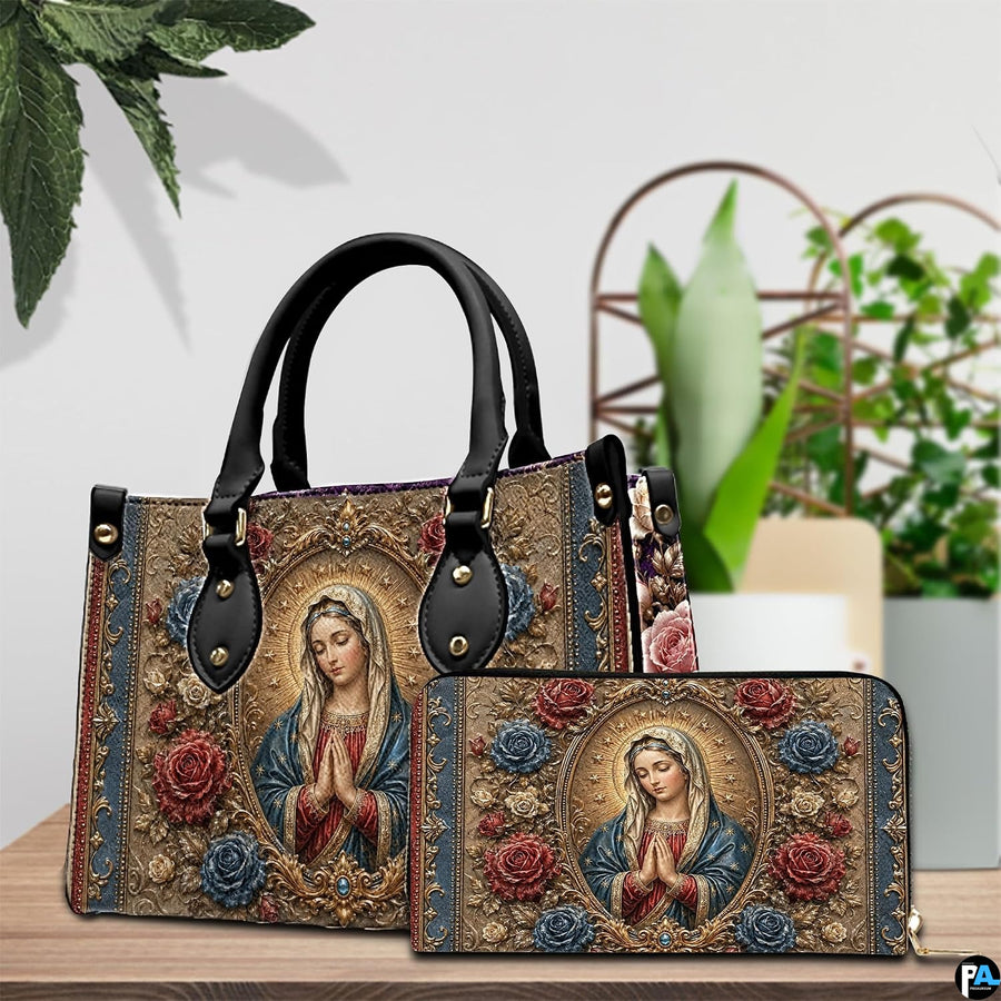 Model carrying baroque embossed Virgin Mary handbag with vibrant roses outdoors