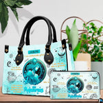 Detailed view of water bearer goddess print on structured tote handbag