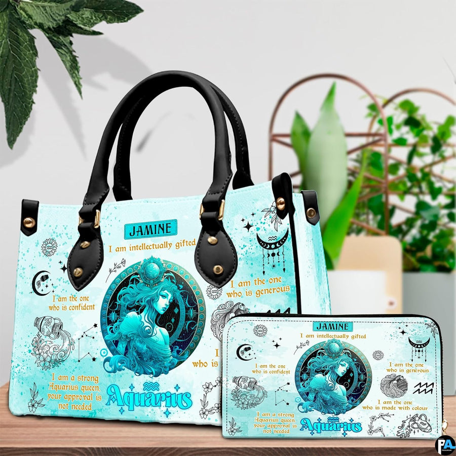Detailed view of water bearer goddess print on structured tote handbag