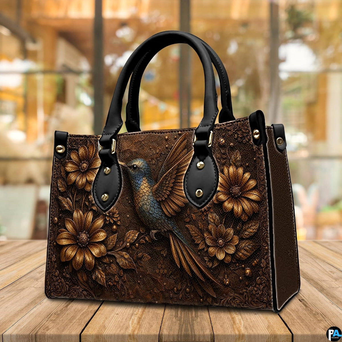 Close view of dimensional floral relief and ornate corner scrollwork on botanical handbag.