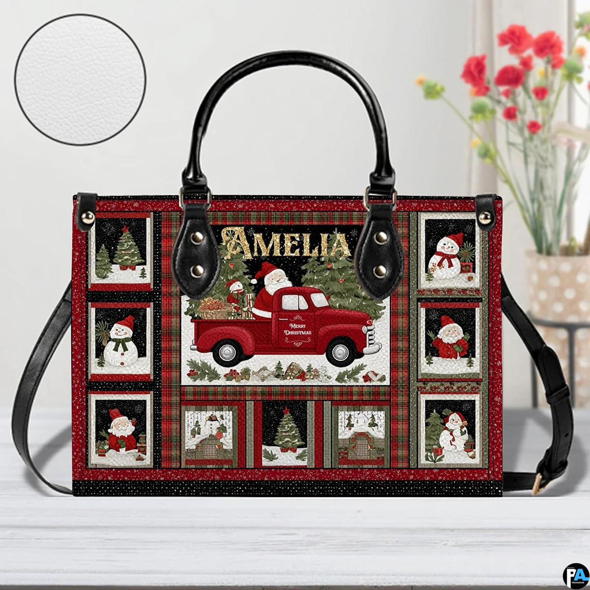 Interior compartment view of vintage Christmas handbag showing inner lining and open storage space.