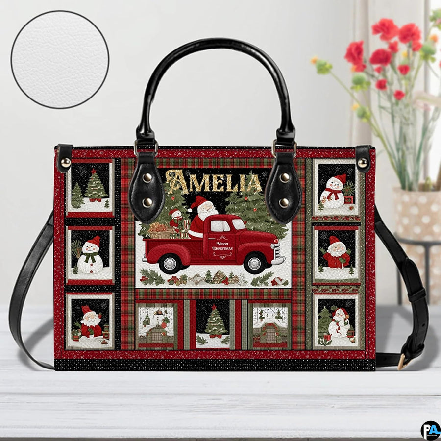 Interior compartment view of vintage Christmas handbag showing inner lining and open storage space.