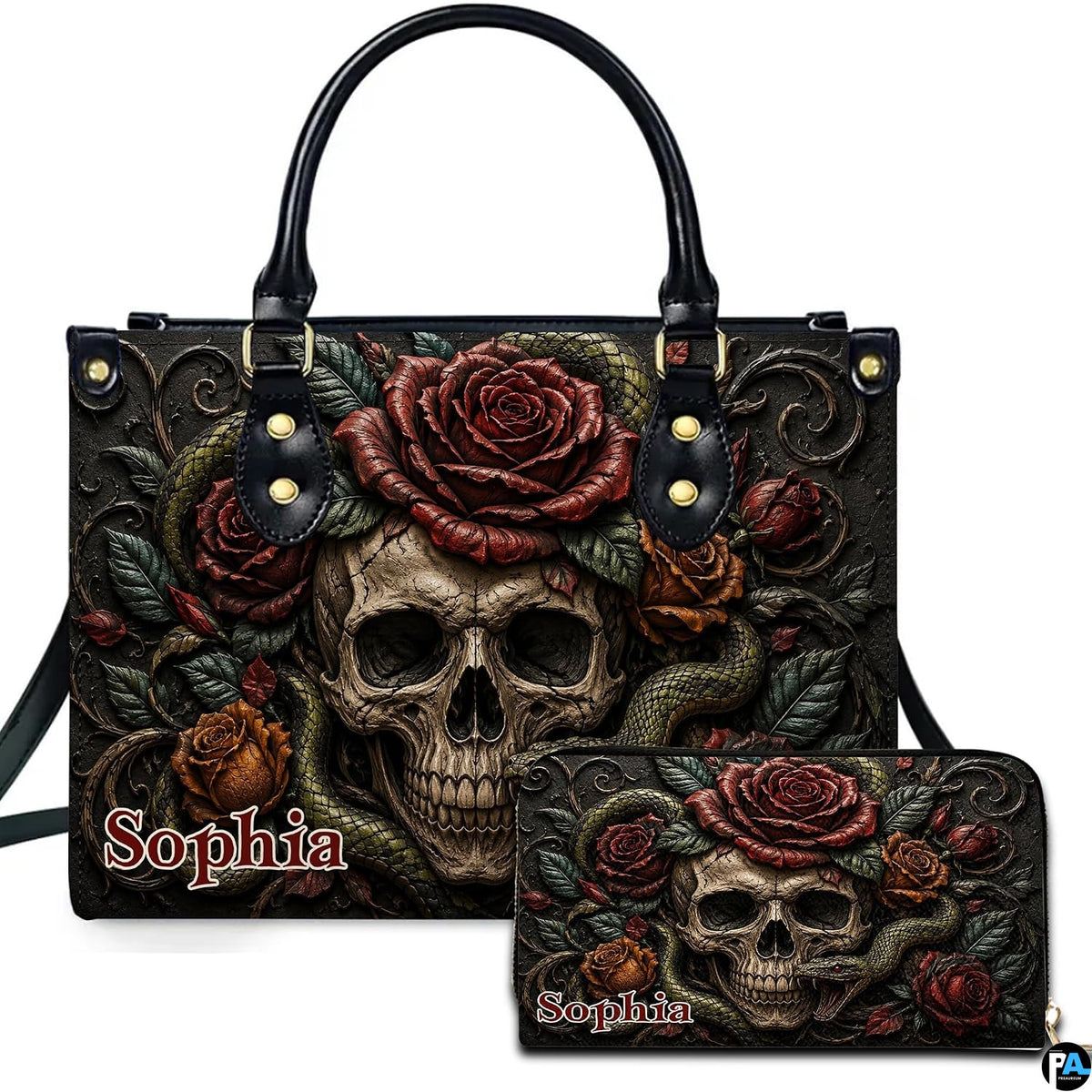 Personalized Halloween Gothic Leather Handbag Custom Raven Black Cat Purse Dark Fantasy Shoulder Bag Gift for Women