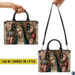 Matching wallet displaying praying Virgin Mary portrait and blooming pink rose garden artwork
