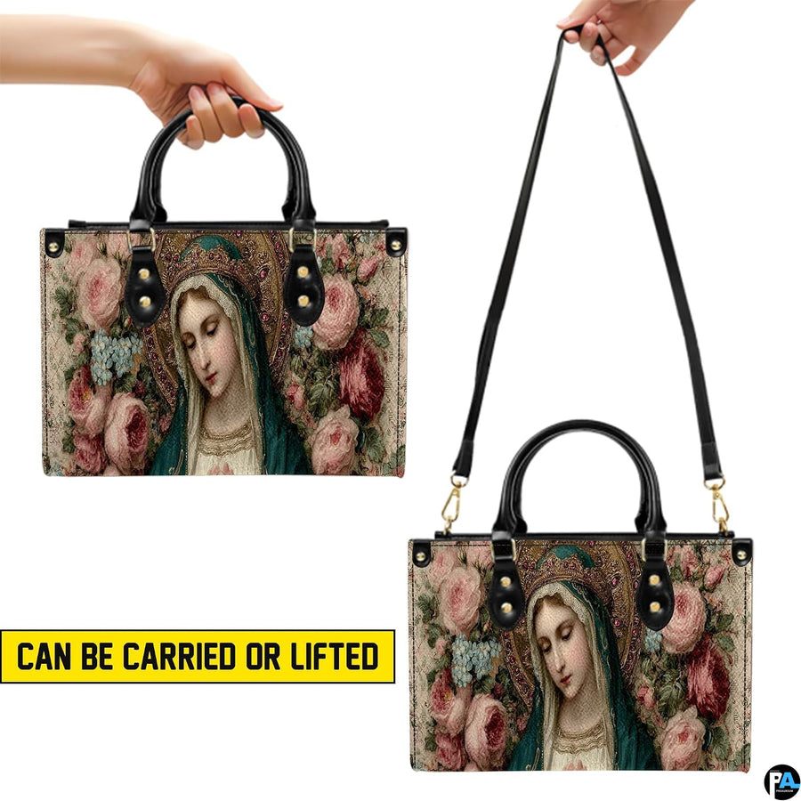 Matching wallet displaying praying Virgin Mary portrait and blooming pink rose garden artwork