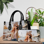 Autumn cafe portrait handbag and matching wallet placed on wooden table beside houseplant.