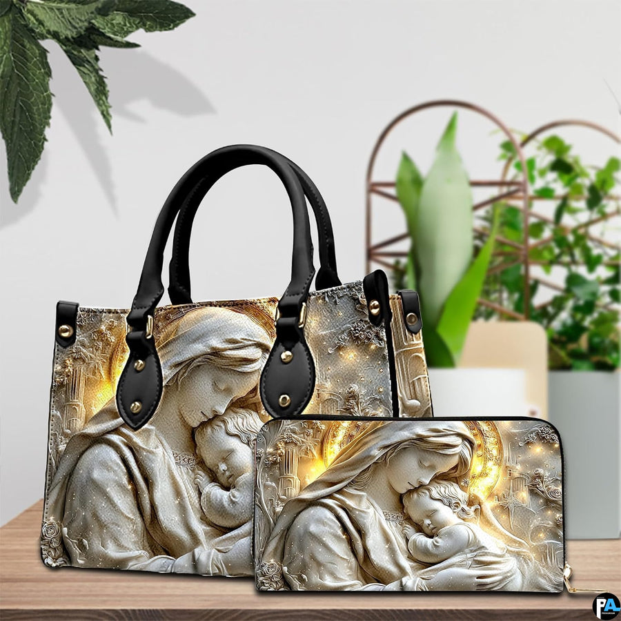 Tabletop display showing carved Madonna handbag and matching wallet beside potted house plants.