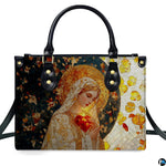 Front studio shot of stained glass mosaic Virgin Mary handbag on white backdrop.