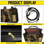 Four-panel product breakdown showing side profile, strap hardware, zipper pull, and interior compartment.