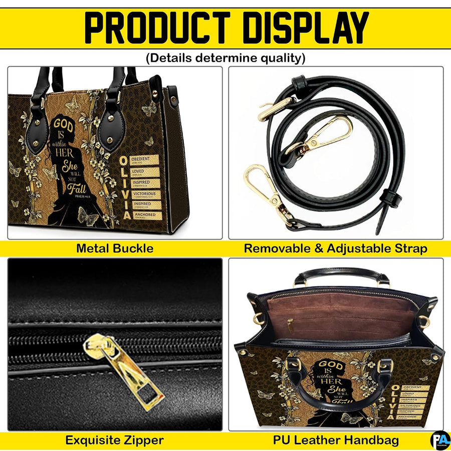 Four-panel product breakdown showing side profile, strap hardware, zipper pull, and interior compartment.