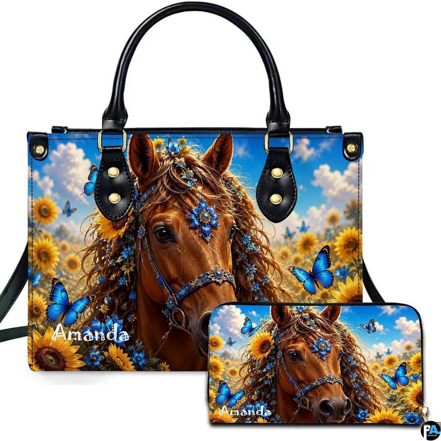 Horse sunflower art showing a chestnut equine portrait surrounded by sunflowers and blue butterflies.