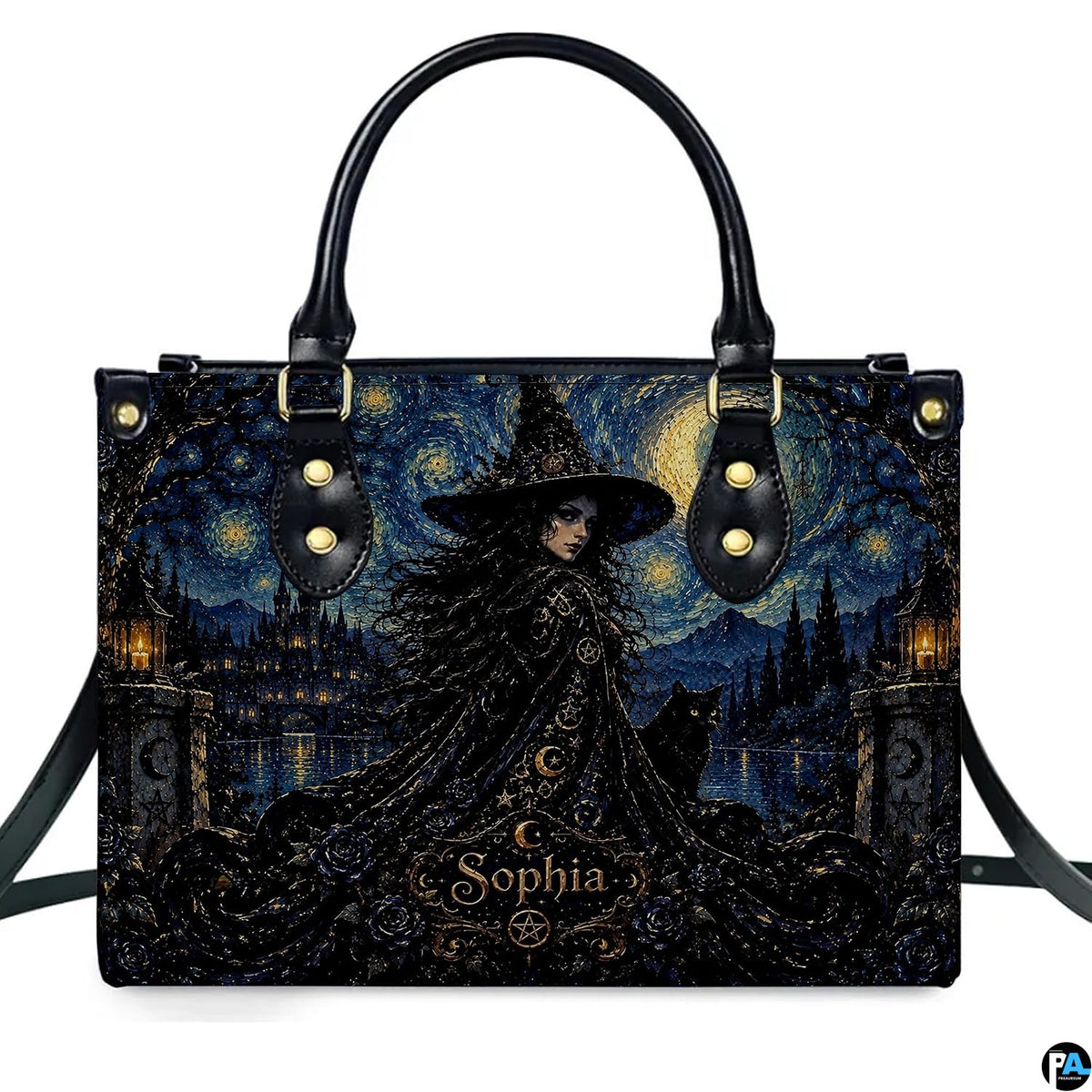 Gothic witch crystal ball raven handbag displayed alone on white background.